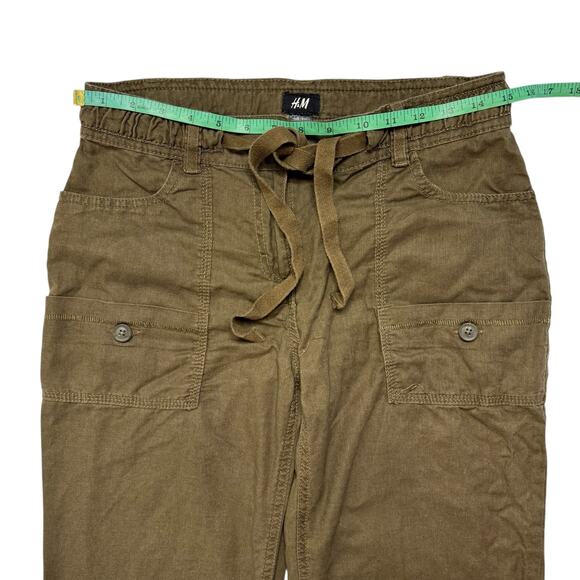H&M Linen Blend Cargo Roll Tab Crop Pants in Olive Green Size 6 Womens Straight - Picture 6 of 9
